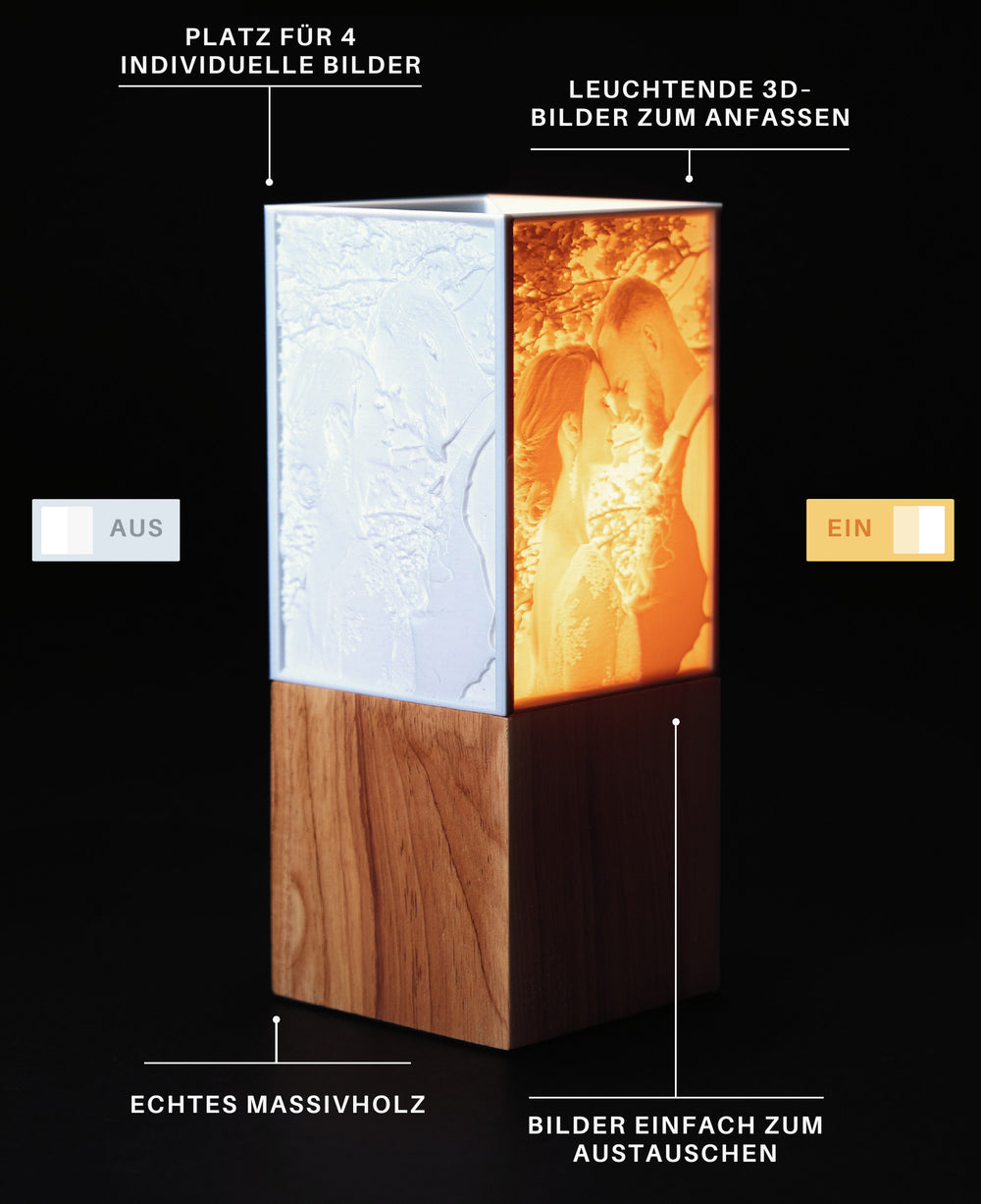 ArtLight Fotolampe – Platz für 4 individuelle Bilder, leuchtende 3D-Bilder zum Anfassen, echtes Massivholz, Bilder einfach austauschbar; links ausgeschaltet, rechts eingeschaltet
