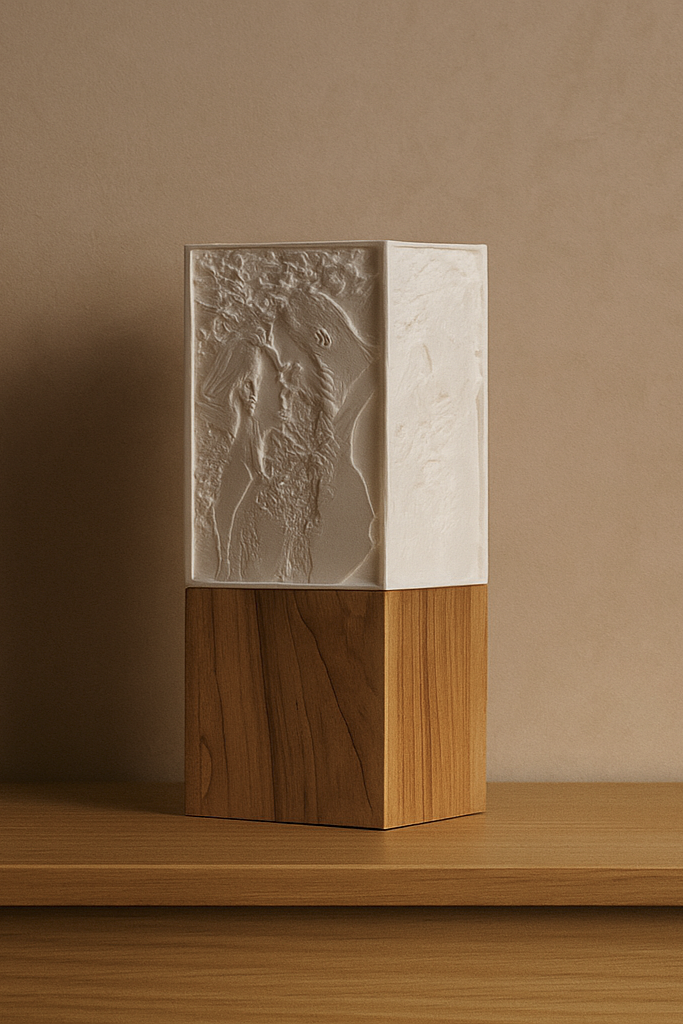 Ausgeschaltete ArtLight Fotolampe mit Hochzeits- und Familienmotiv als feines cremeweißes Relief