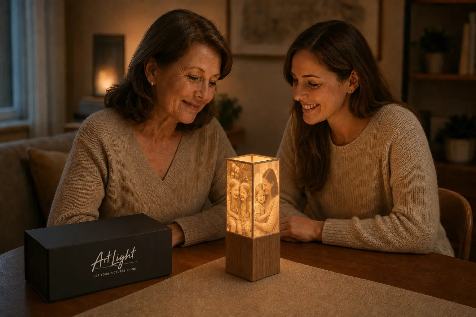 Zwei Frauen betrachten eine leuchtende ArtLight Fotolampe neben der Geschenkbox