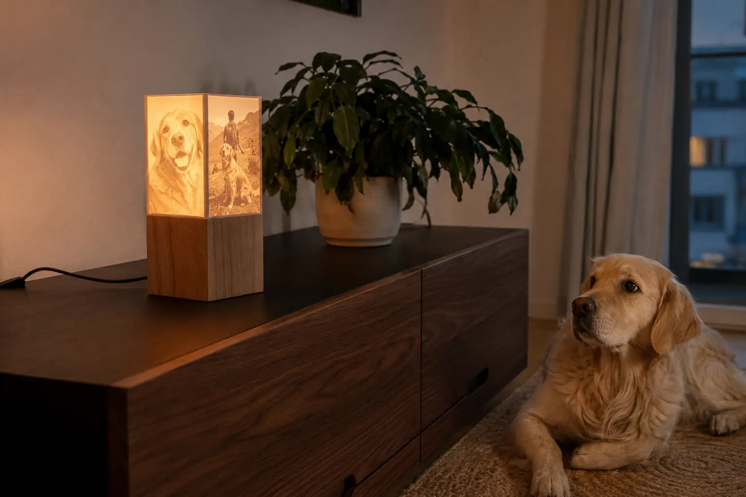 Golden Retriever neben einer leuchtenden ArtLight Fotolampe mit Hundefotos