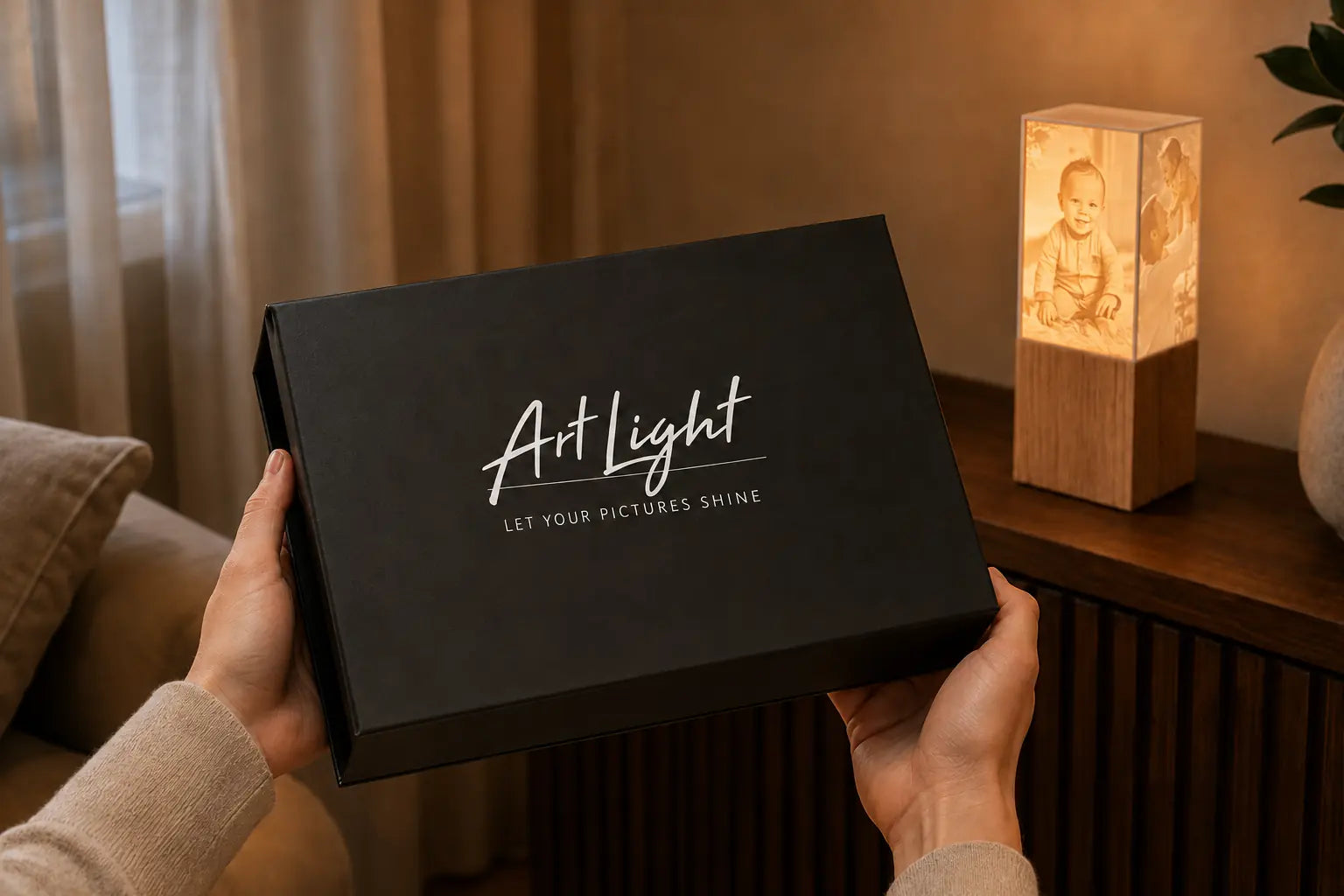 Schwarze ArtLight Geschenkbox wird mit beiden Händen überreicht; im Hintergrund leuchtet die Fotolampe